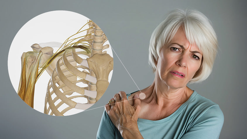 Donna anziana con dolore alla spalla, con illustrazione anatomica dei nervi sovrapposta.
