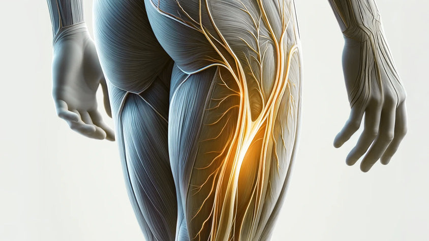 Illustrazione del nervo femorale e dei nervi circostanti nella coscia, evidenziati in giallo.