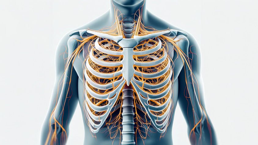 Rappresentazione della gabbia toracica, con i nervi intercostali segnati in giallo.