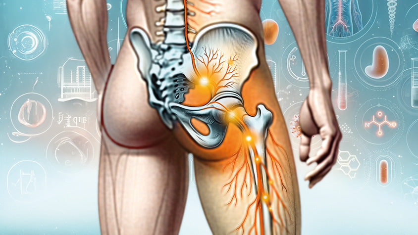 Rappresentazione del bacino e del femore, con il nervo sciatico infiammato.