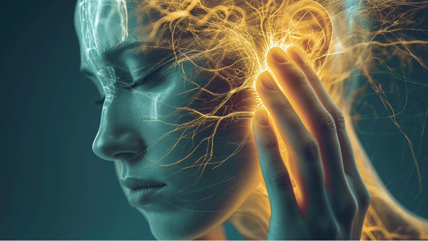 Donna che si tiene la testa con espressione di dolore, segnalando una forte emicrania.