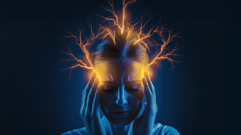 Donna che si tiene la testa con espressione di dolore, segnalando una forte emicrania.