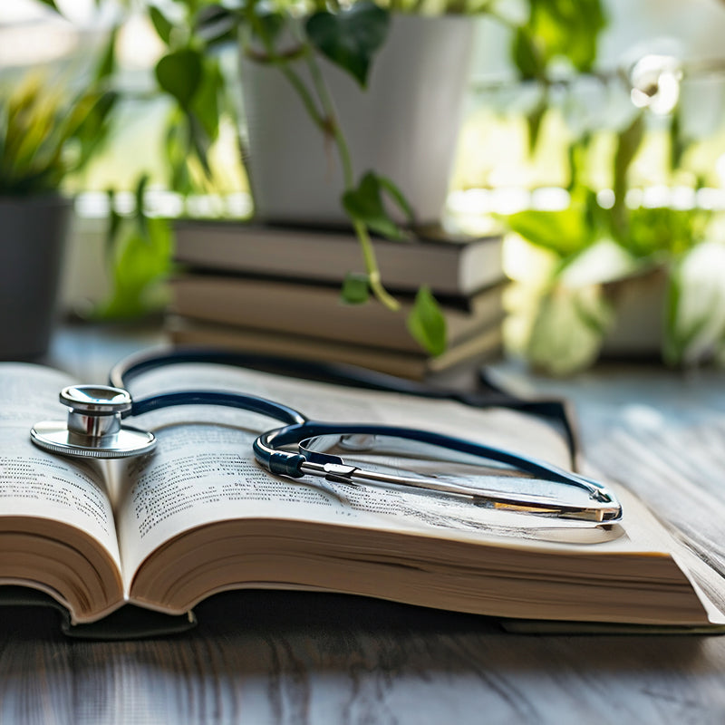 Libro aperto con uno stetoscopio appoggiato sopra.