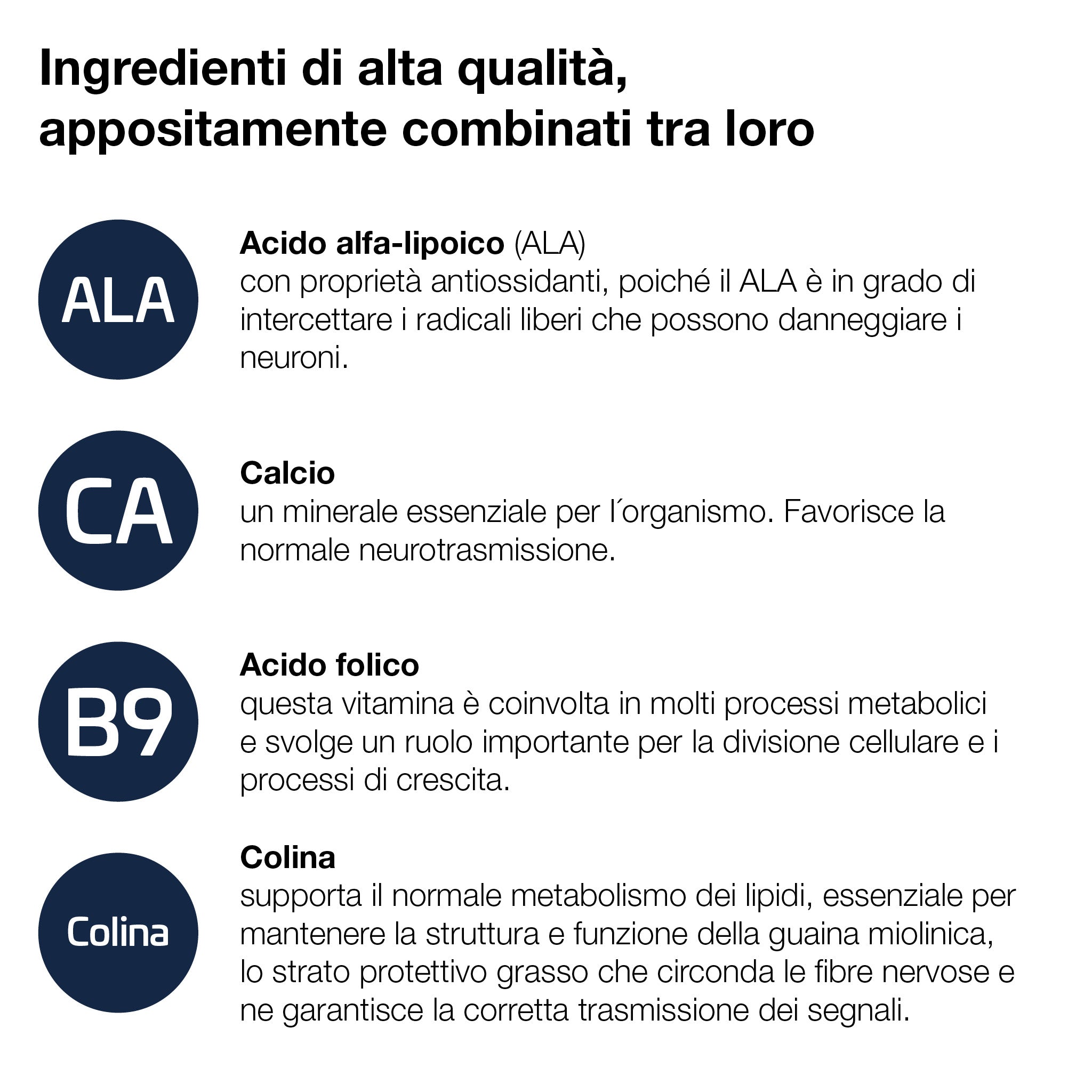 Ingredienti principali di Mavosten: acido alfa-lipoico, calcio, acido folico e colina per il benessere del sistema nervoso.
