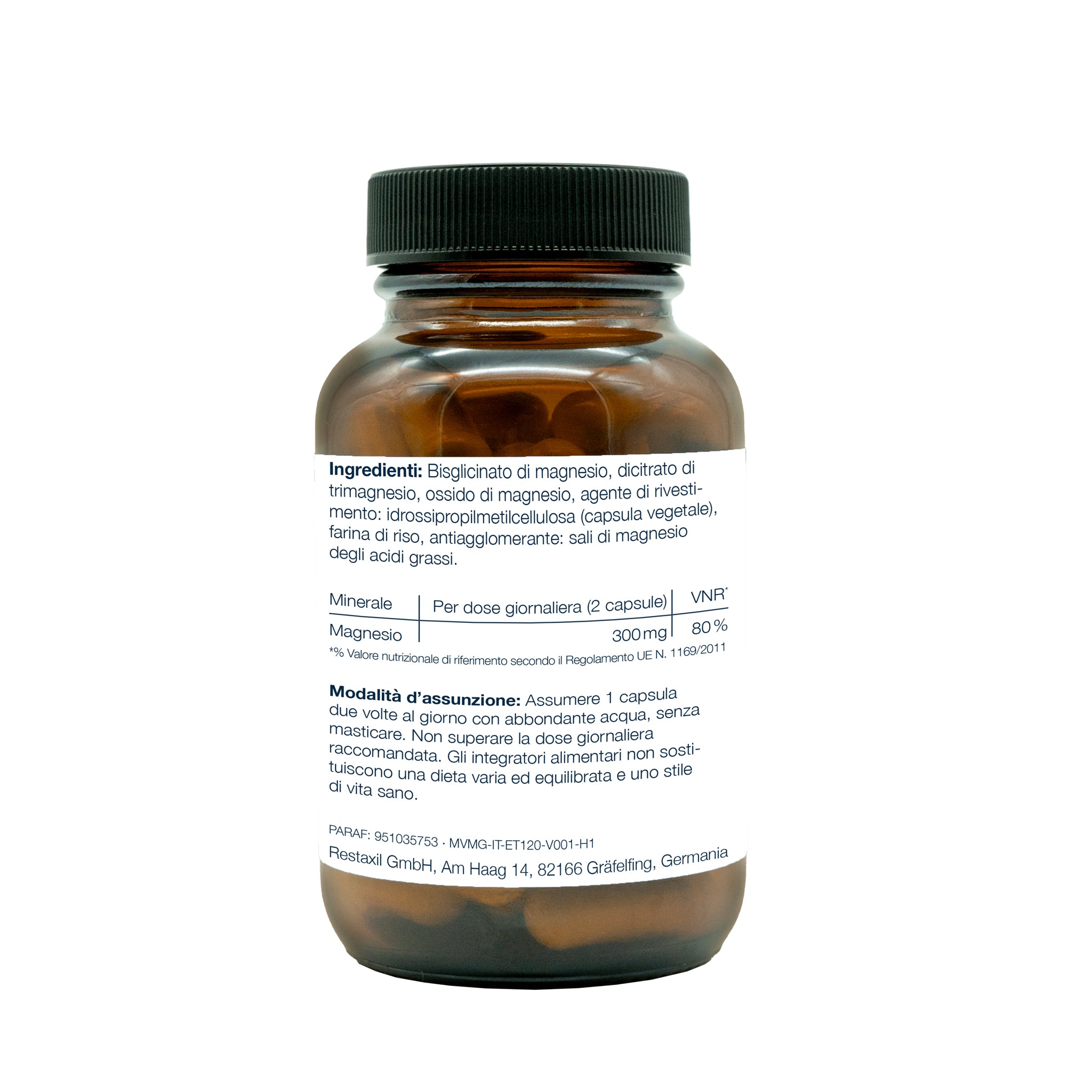 Retro della confezione di Mavosten Magnesium con elenco degli ingredienti e consigli per il consumo.