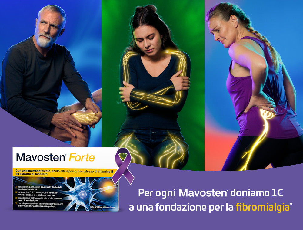 Tre persone con aree di dolore evidenziate, confezione Mavosten Forte e messaggio sulla fibromialgia