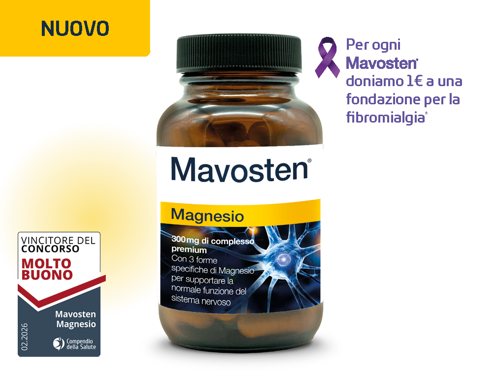 Barattolo Mavosten Magnesio con bollino “Nuovo”, sigillo “Molto buono” e nastro viola fibromialgia