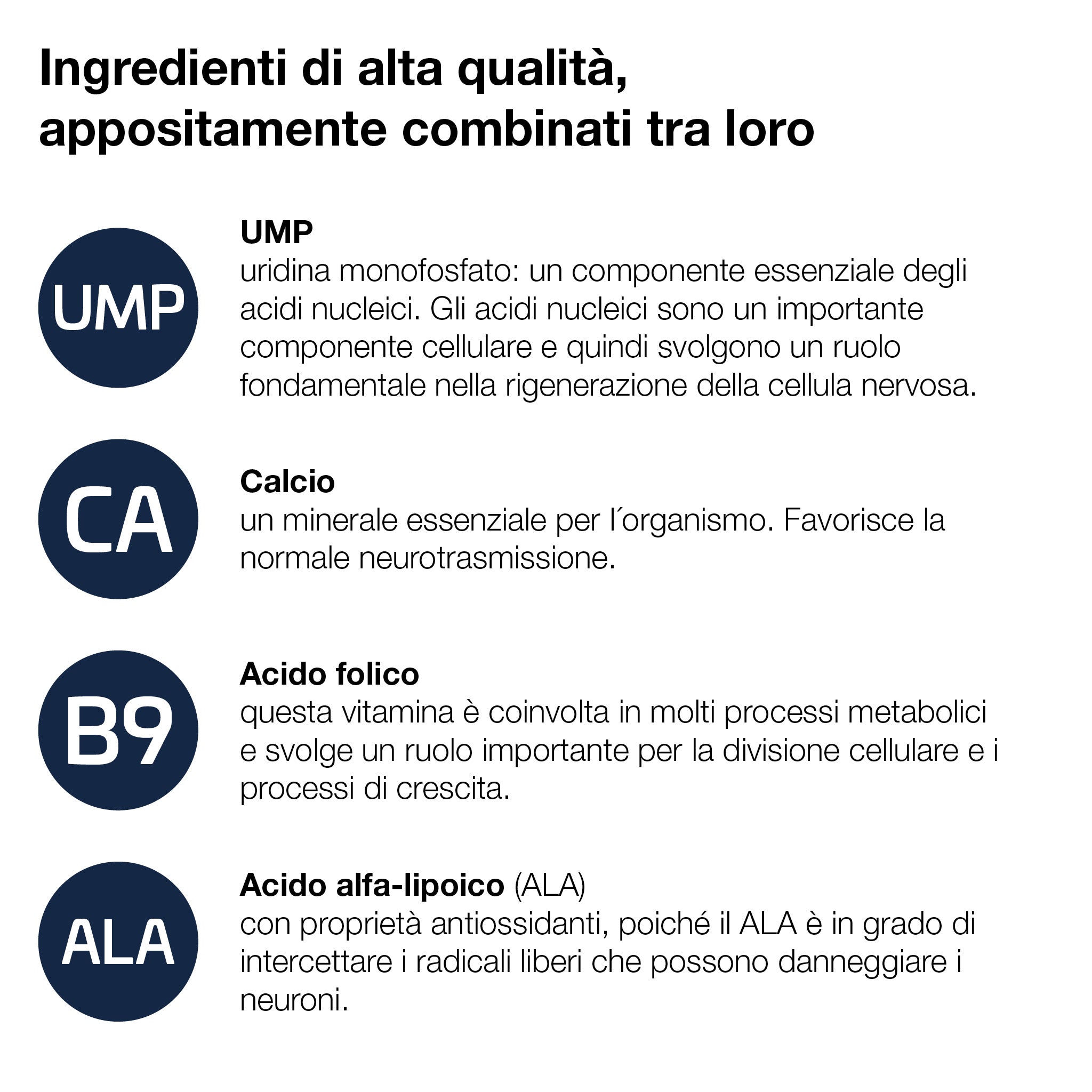 Ingredienti principali di Mavosten Forte: UMP, calcio, acido folico e acido alfa-lipoico per il benessere del sistema nervoso.