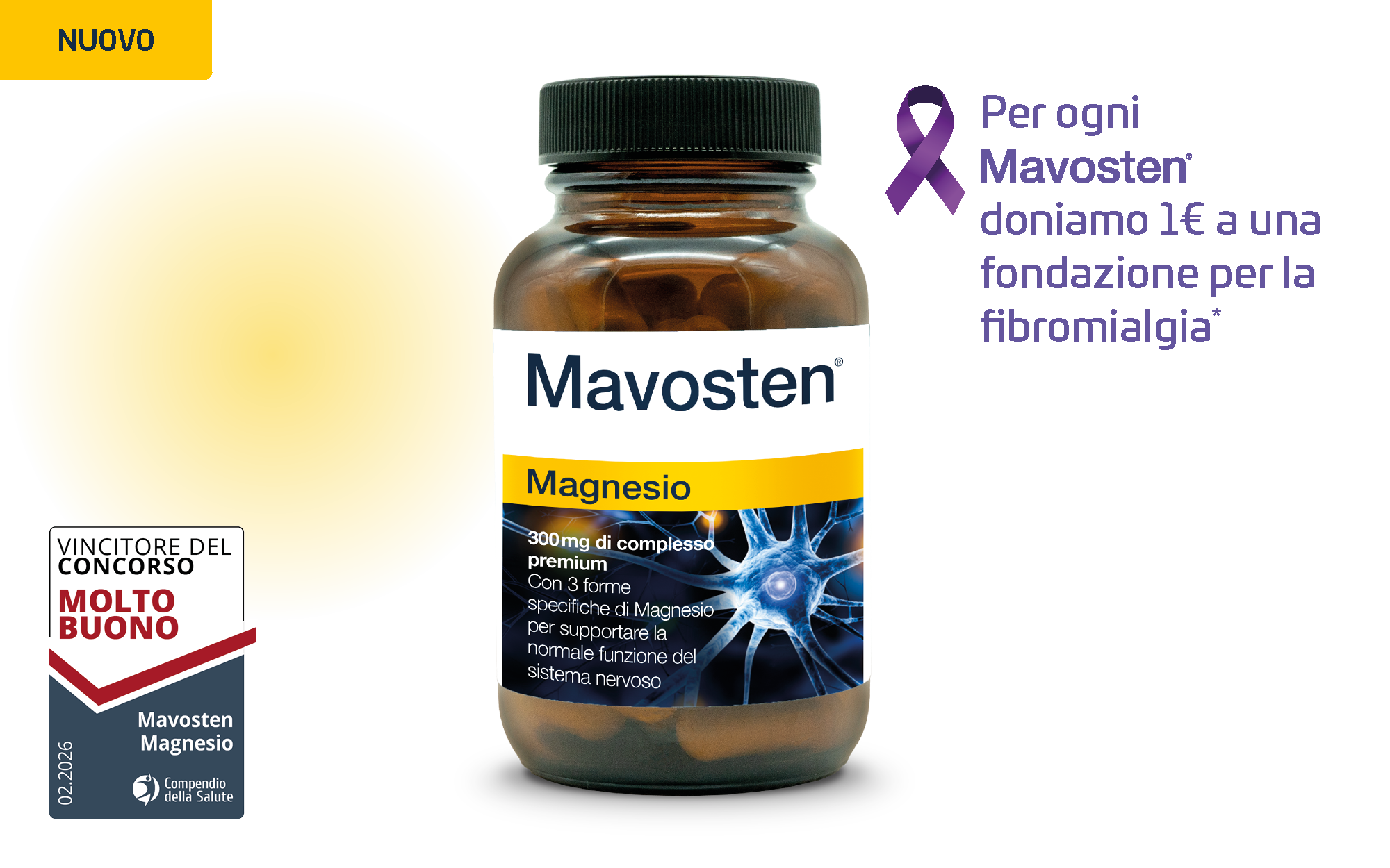 Barattolo Mavosten Magnesio con bollino “Nuovo”, sigillo “Molto buono” e nastro viola fibromialgia