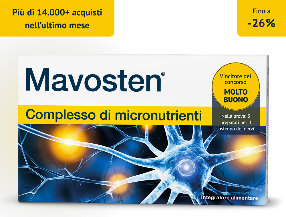 Confezione Mavosten con grafica di neuroni e sigillo “Molto buono”