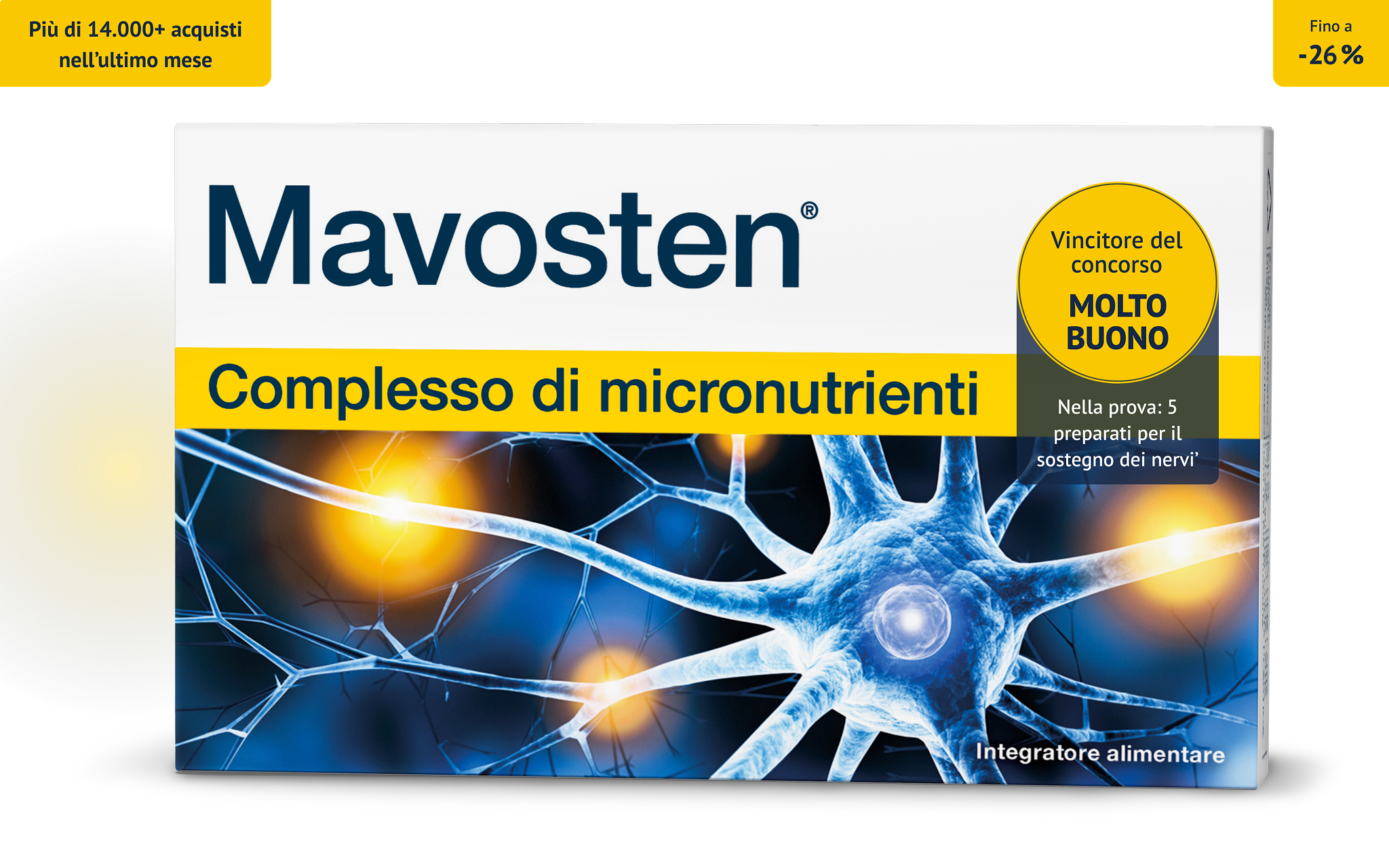 Confezione Mavosten con grafica di neuroni e sigillo “Molto buono”